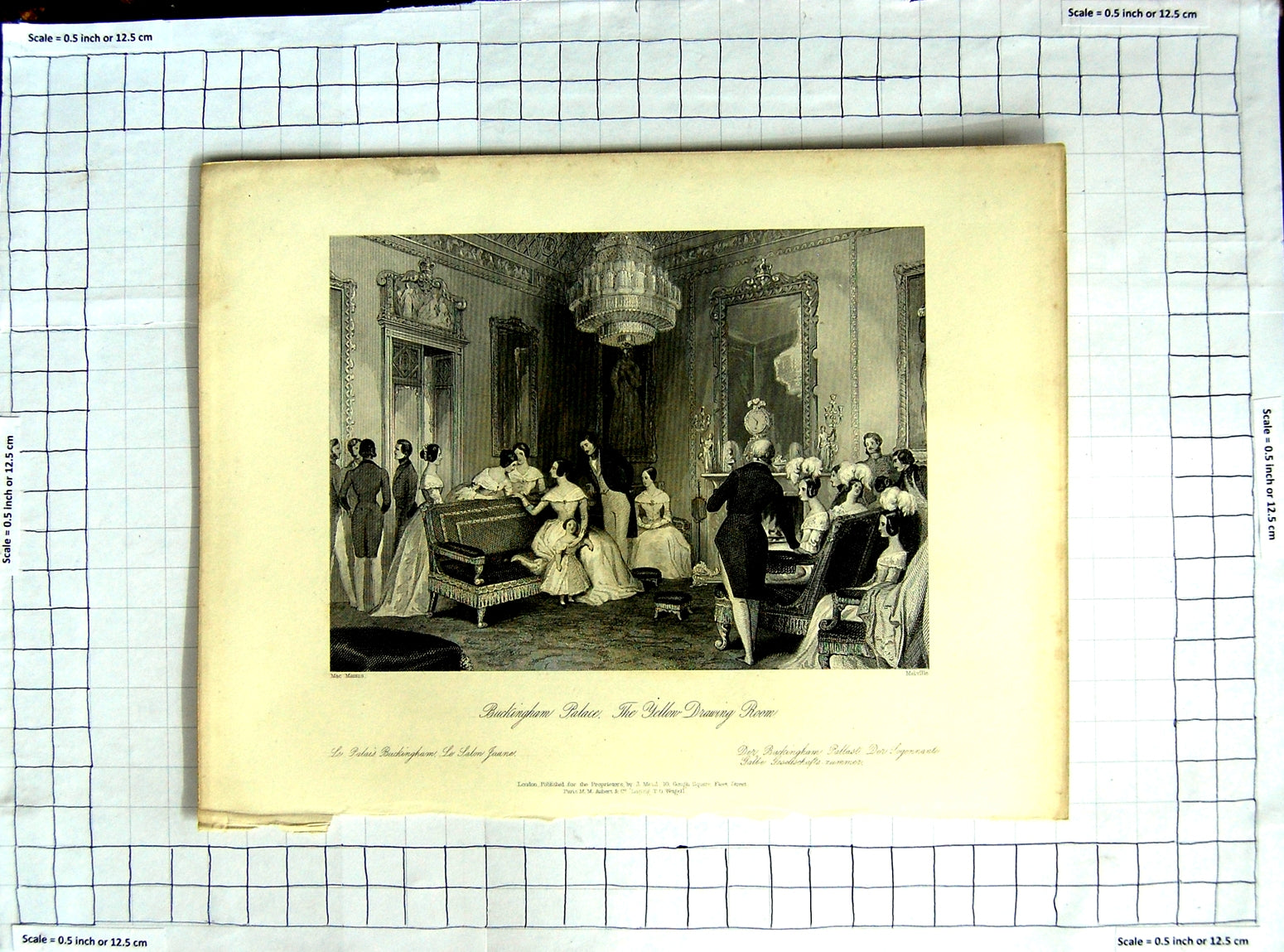 Original Old Antique Print Buckingham Palace Yellow Drawing Room Mamis Melville