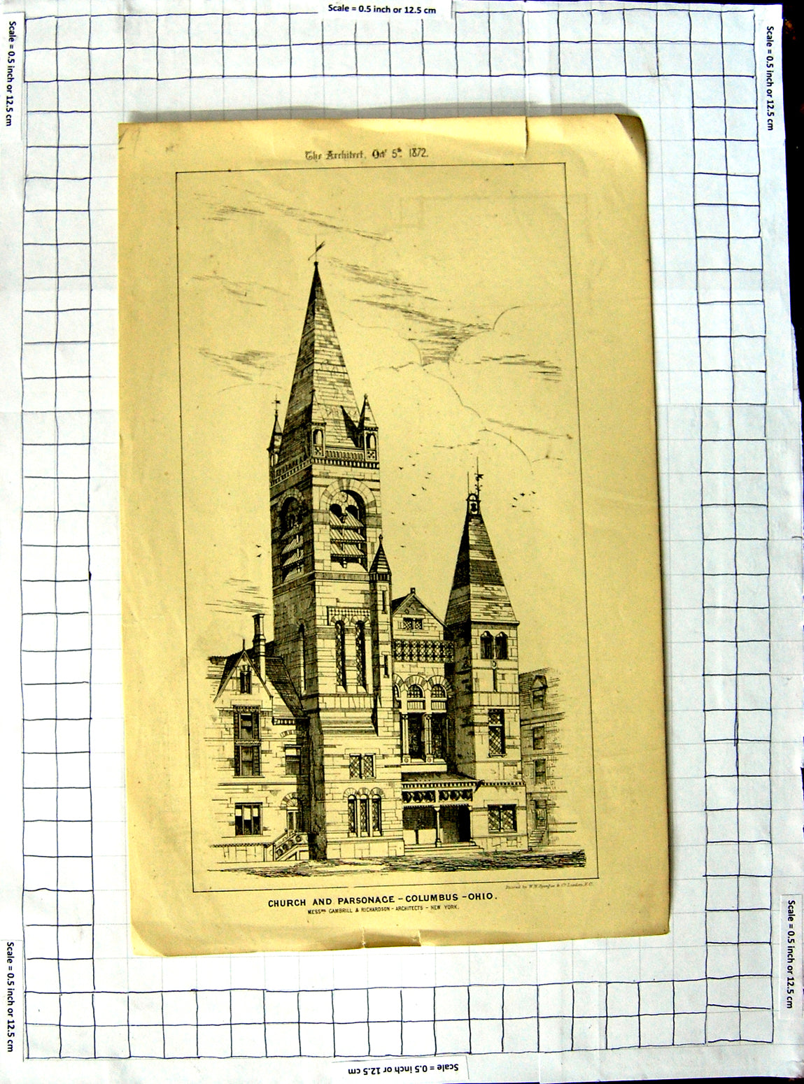 Original Old Antique Print 1872 Church Parsonage Columbus Ohio America Gambrill
