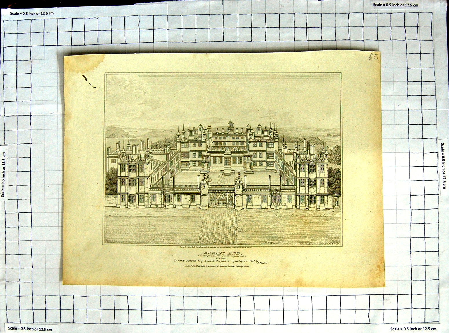 Original Old Antique Print 1808 Principal Front Audley End Roffe Foster Britton