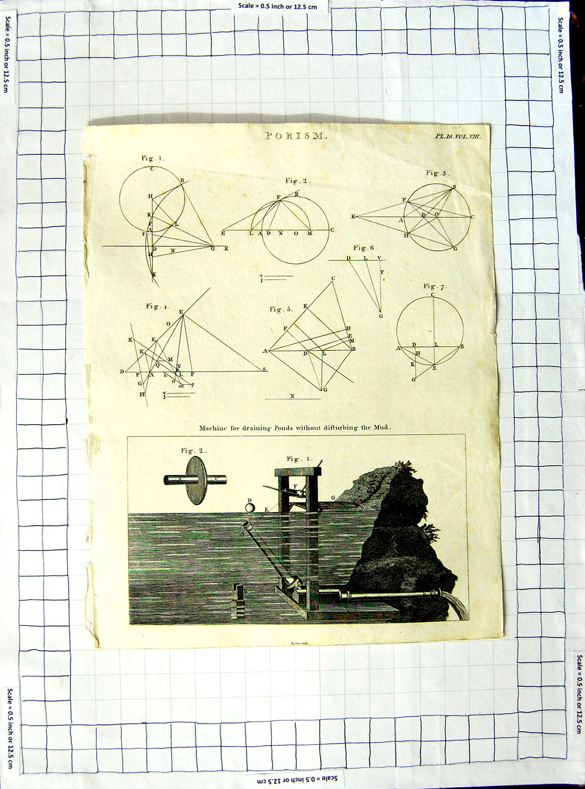 Original Old Antique Print Porism Machine Draining Ponds Without Disturbing Mud