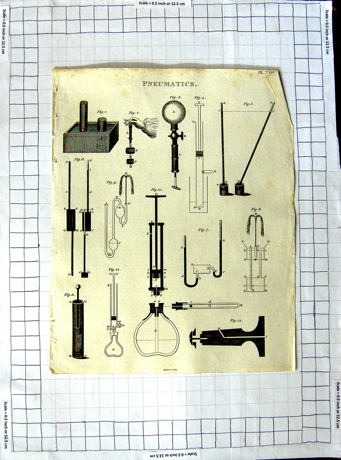 Original Old Antique Print Pneumatics Instruments Diagrams Drawings