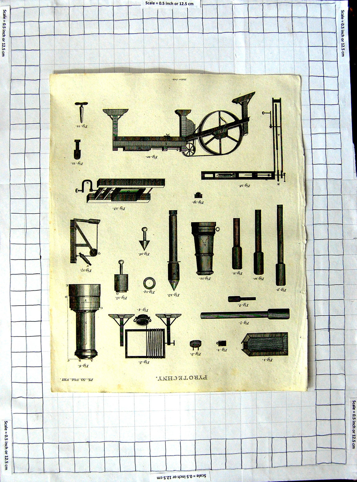Original Old Antique Print Pyrotechny Instruments Machines Engineering 18th