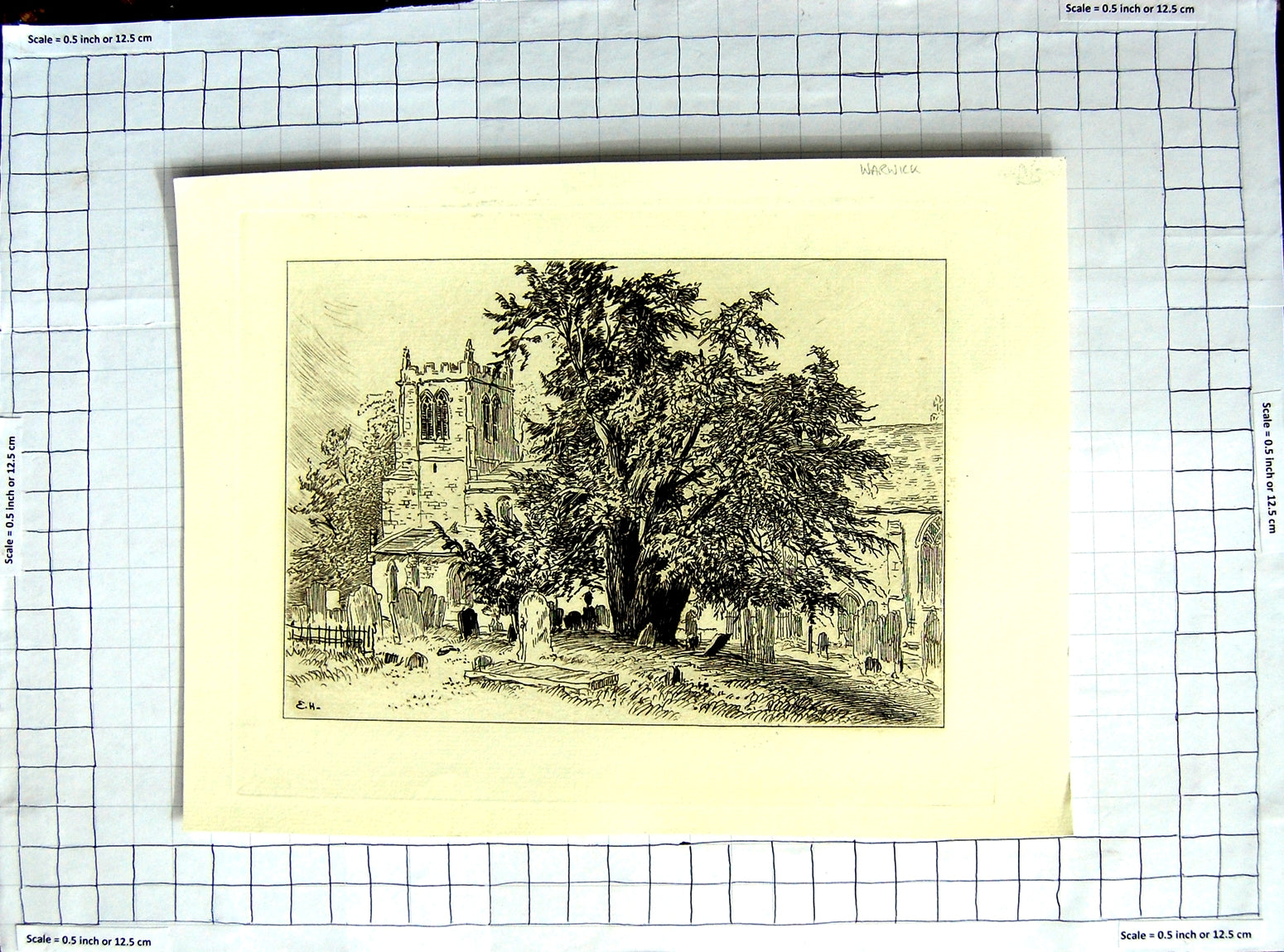 Original Old Antique Print Etching View Church Graves Churchyard Tree Victorian