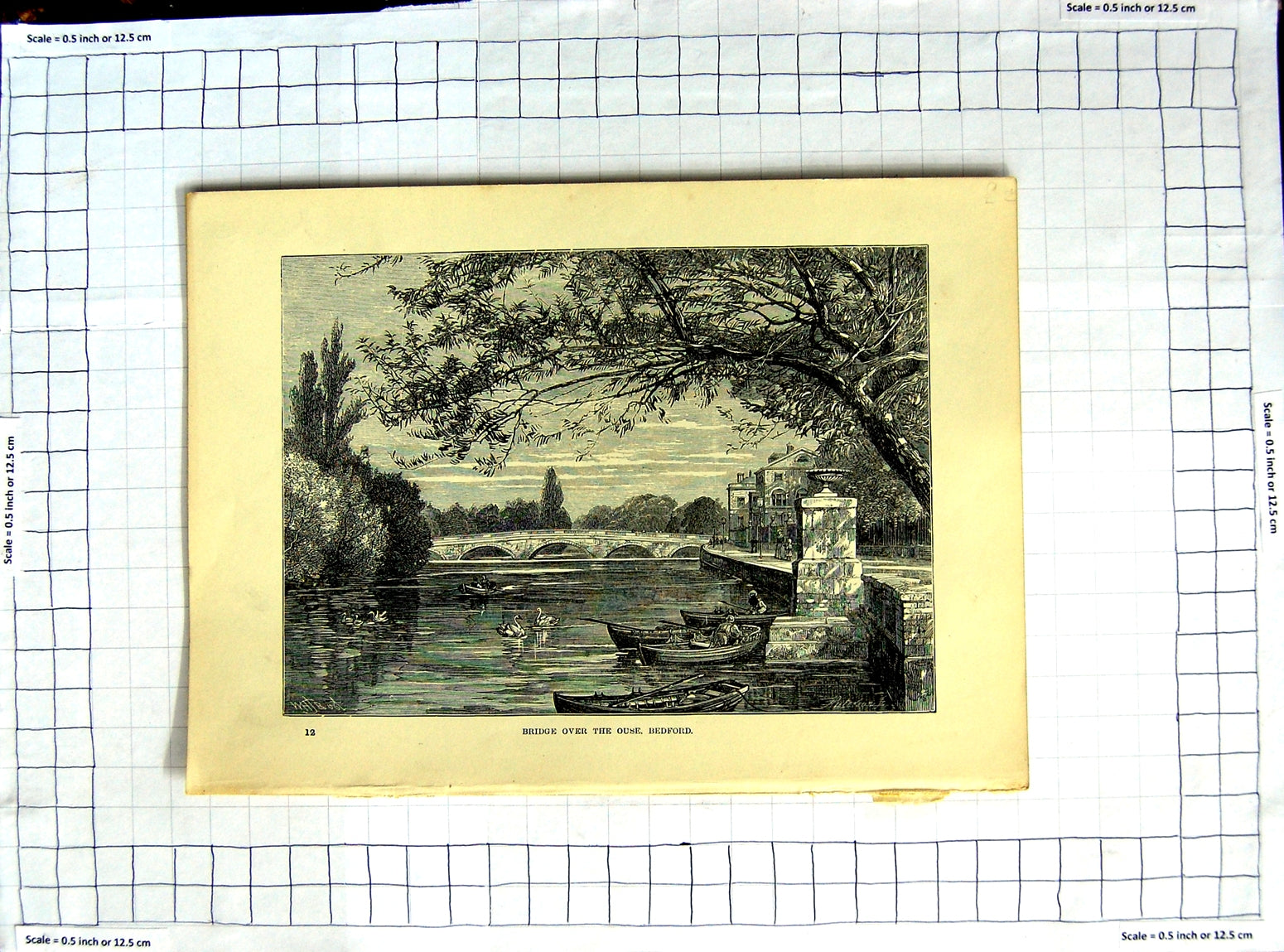 Original Old Antique Print View Bridge River Ouse Bedford England Victorian