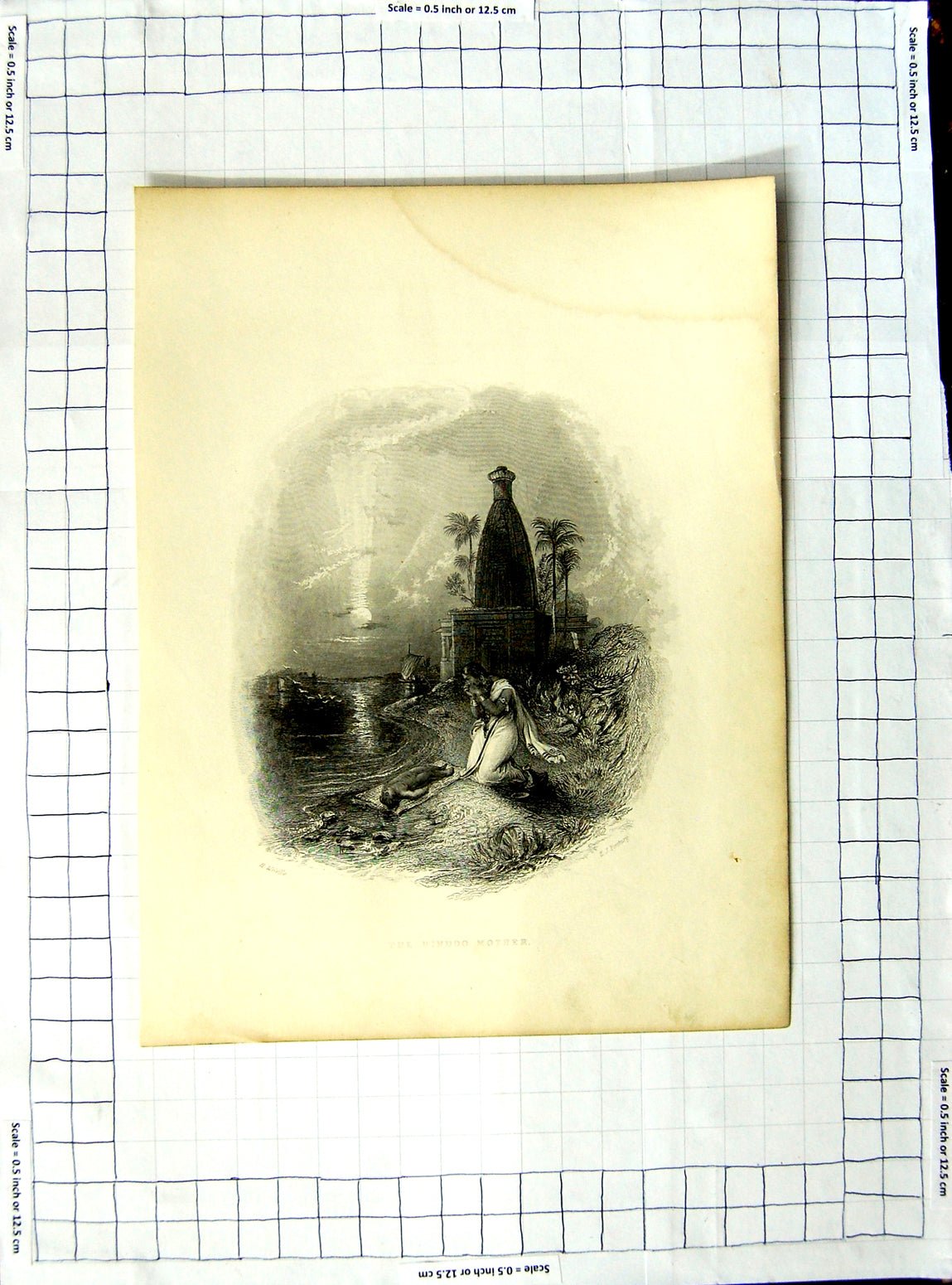 Original Old Antique Print Engraving Scene Hindoo Mother Sunlight 20th Century