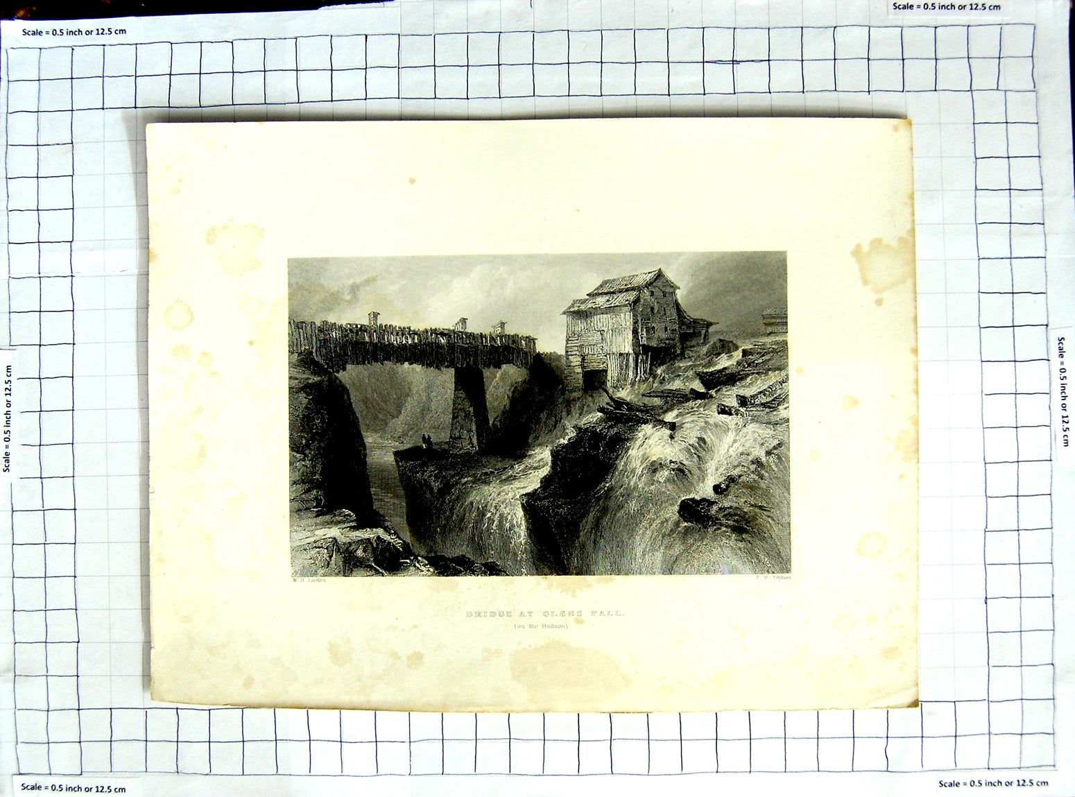 Original Old Antique Print Bartlett Topham Bridge Glens Fall Hudson River 20th