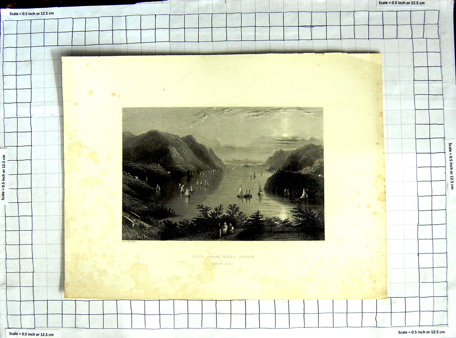 Original Old Antique Print Bartlett Walis View West Point Hudson River Yachts