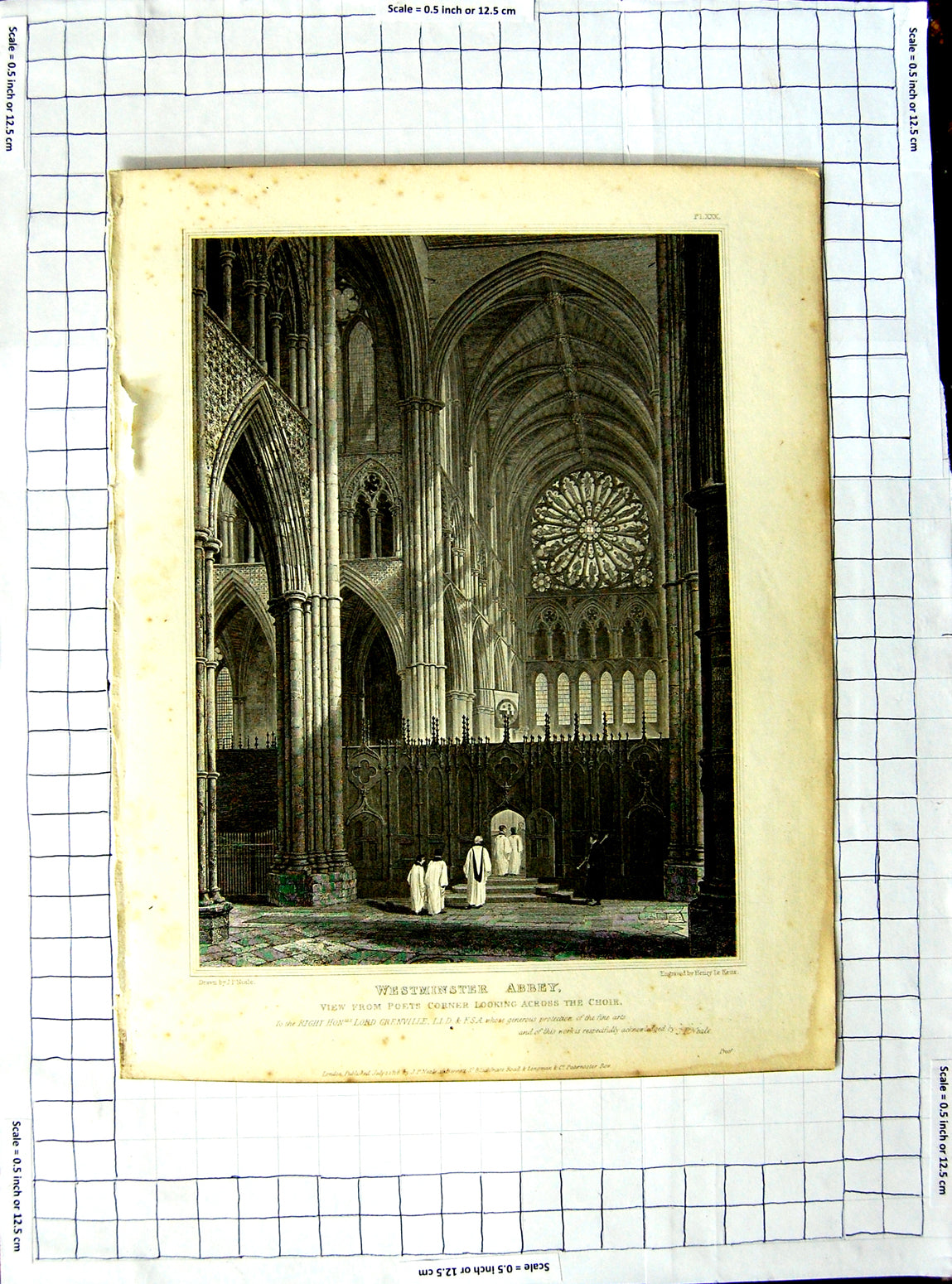 Original Old Antique Print 1818 Neale Keux Westminster Abbey Poets Corner Choir