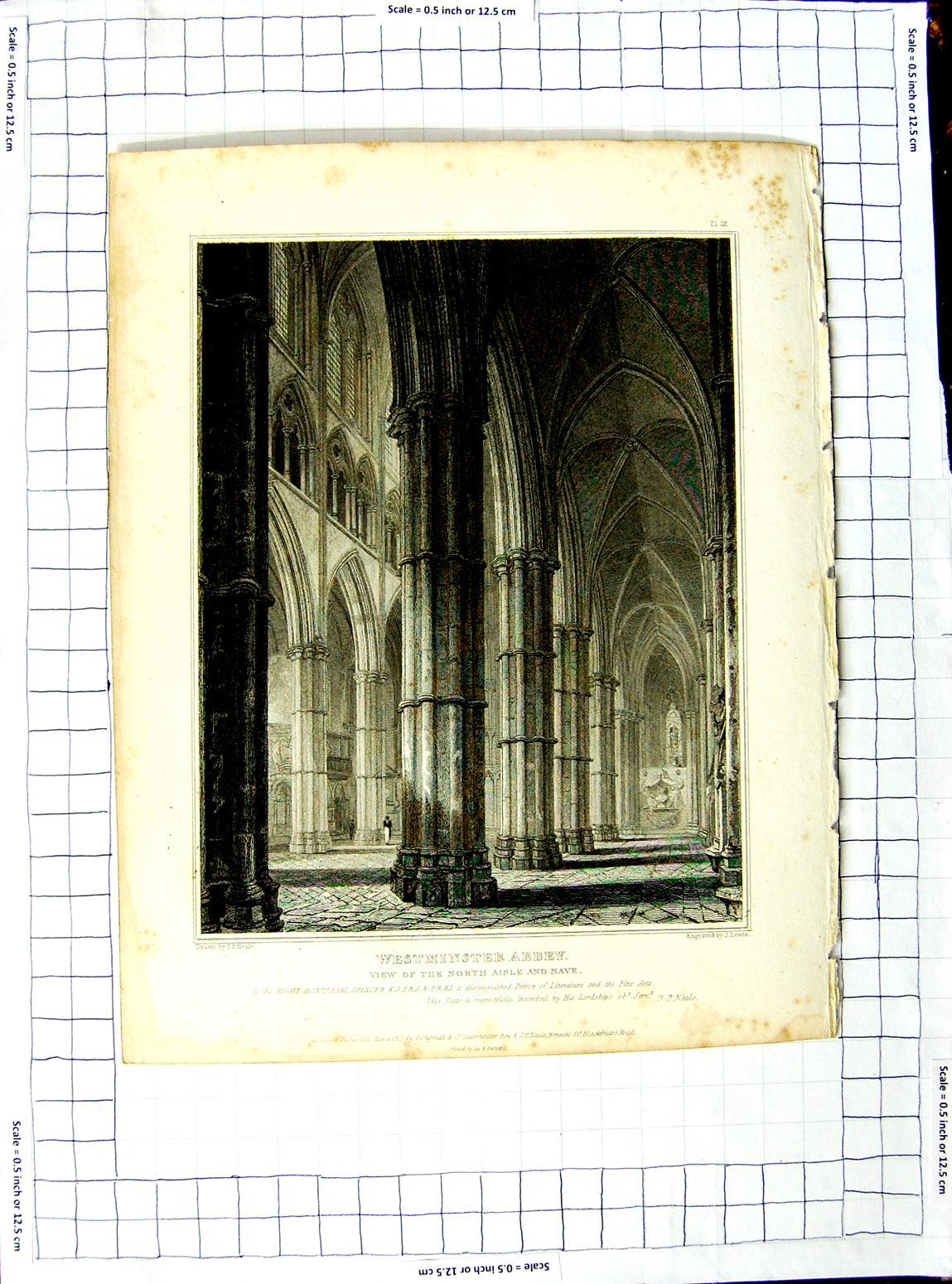 Original Old Antique Print 1817 Neale Lewis Westminster Abbey North Aisle Nave