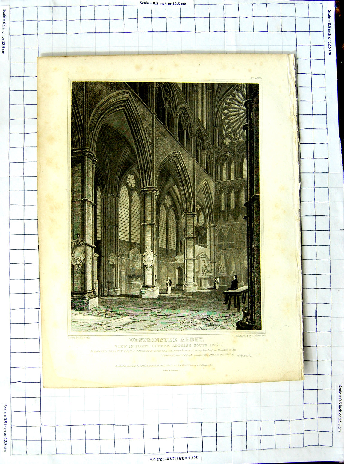 Original Old Antique Print 1819 Neale Matthews Westminster Abbey Poets Corner