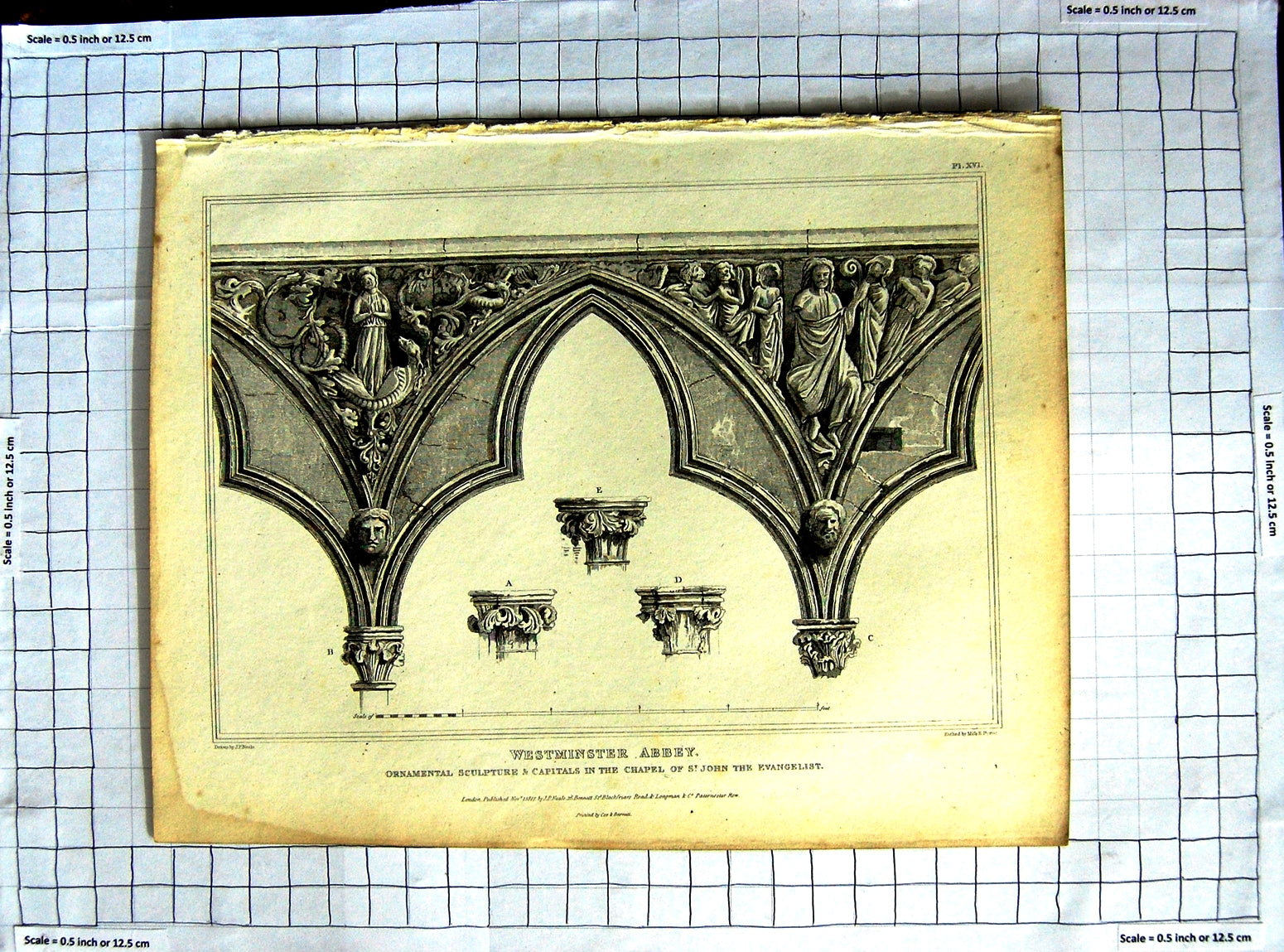 Original Old Antique Print 1817 Neale Byrne Westminster Abbey John Evangelist