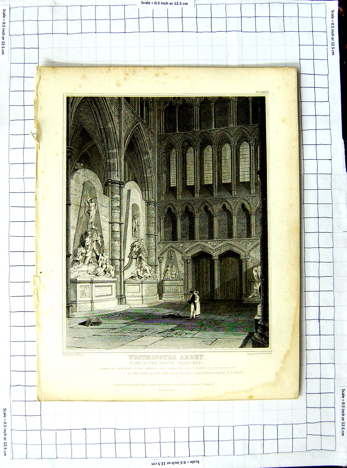 Original Old Antique Print 1819 Neale Smith Westminster Abbey Monument Manners