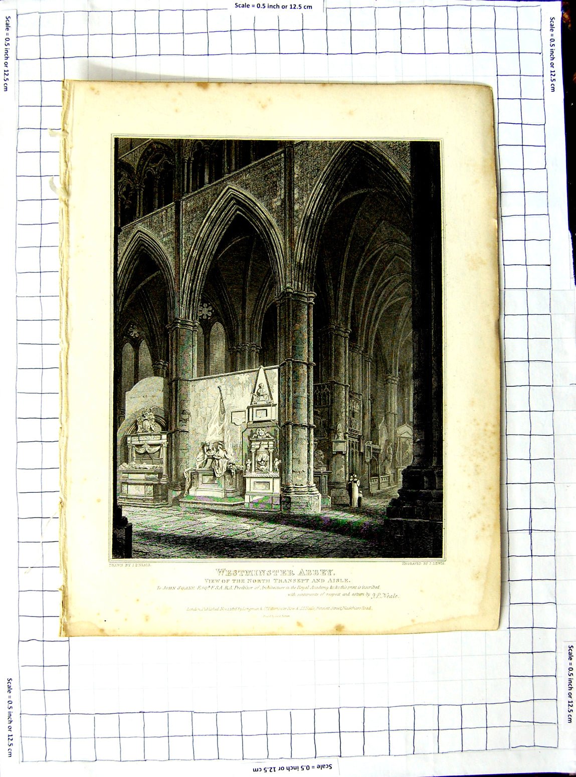 Original Old Antique Print 1816 Neale Lewis Westminster Abbey Transept Aisle