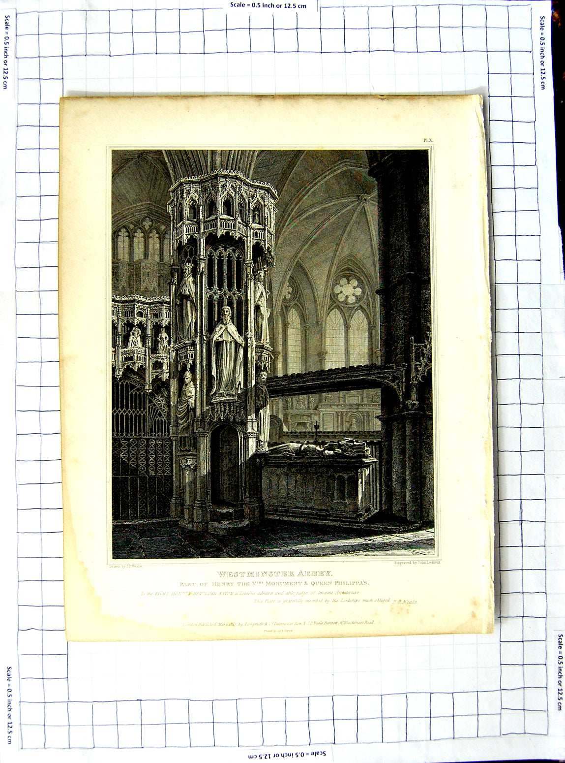 Old Antique Print 1817 Neale John Keux Westminster Abbey Queen Philippa 19th
