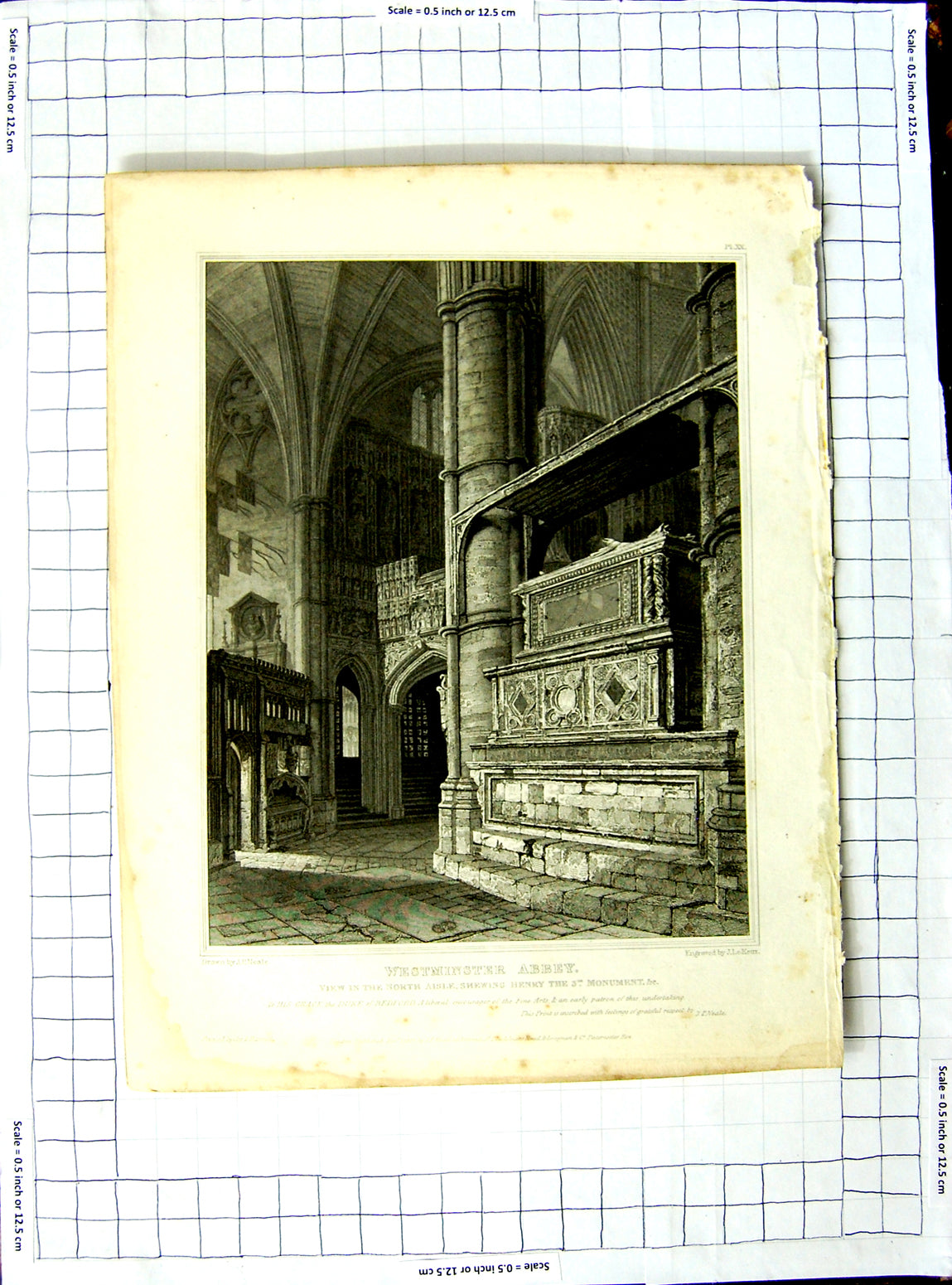 Original Old Antique Print Neale Keux Westminster Abbey Henry Monument 1817