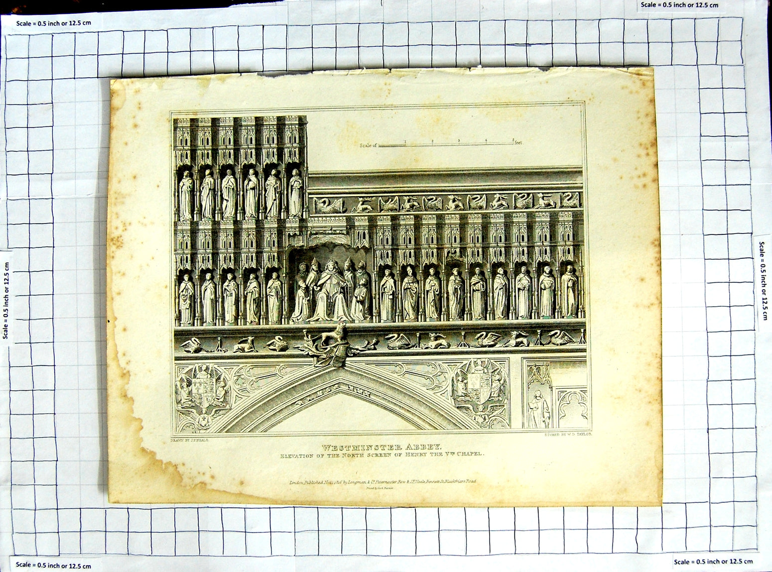 Original Old Antique Print Neale Taylor Westminster Abbey Screen Henry V Chapel