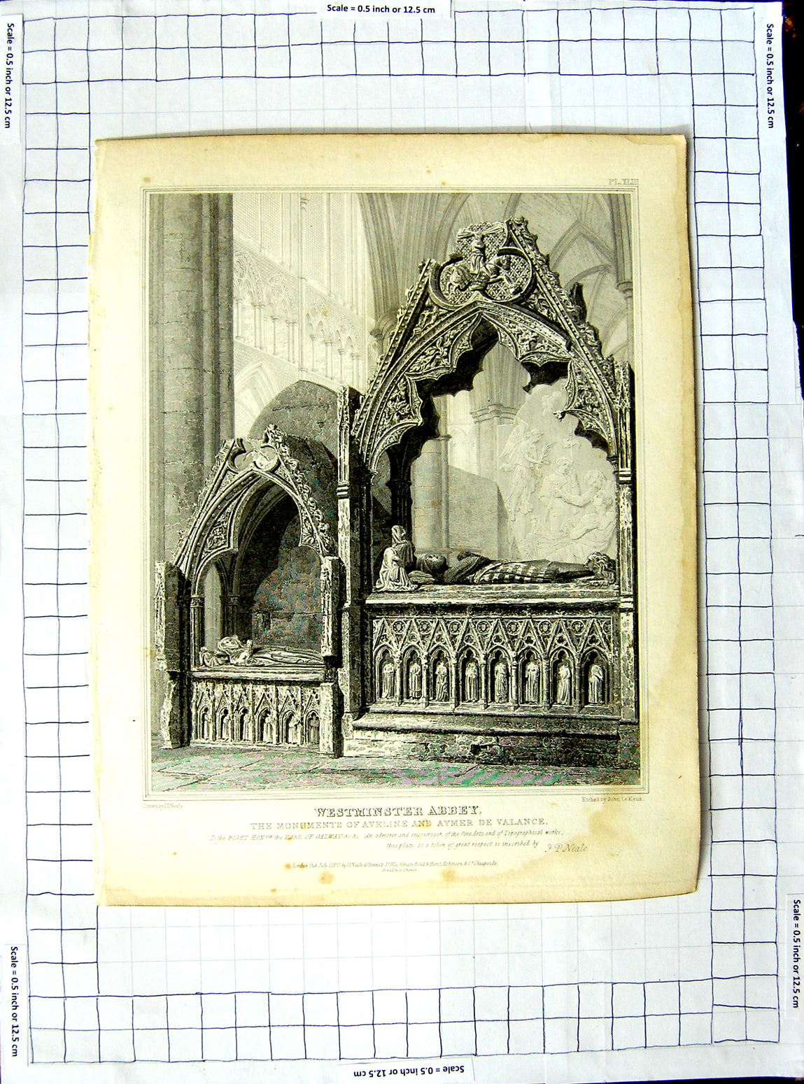 Original Old Antique Print Neale Keux Westminster Abbey Aveline Aymer Valance