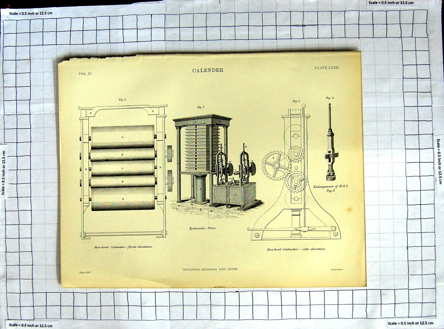 Original Old Antique Print Encyclopaedia Britannica Calender Hydraulic Press