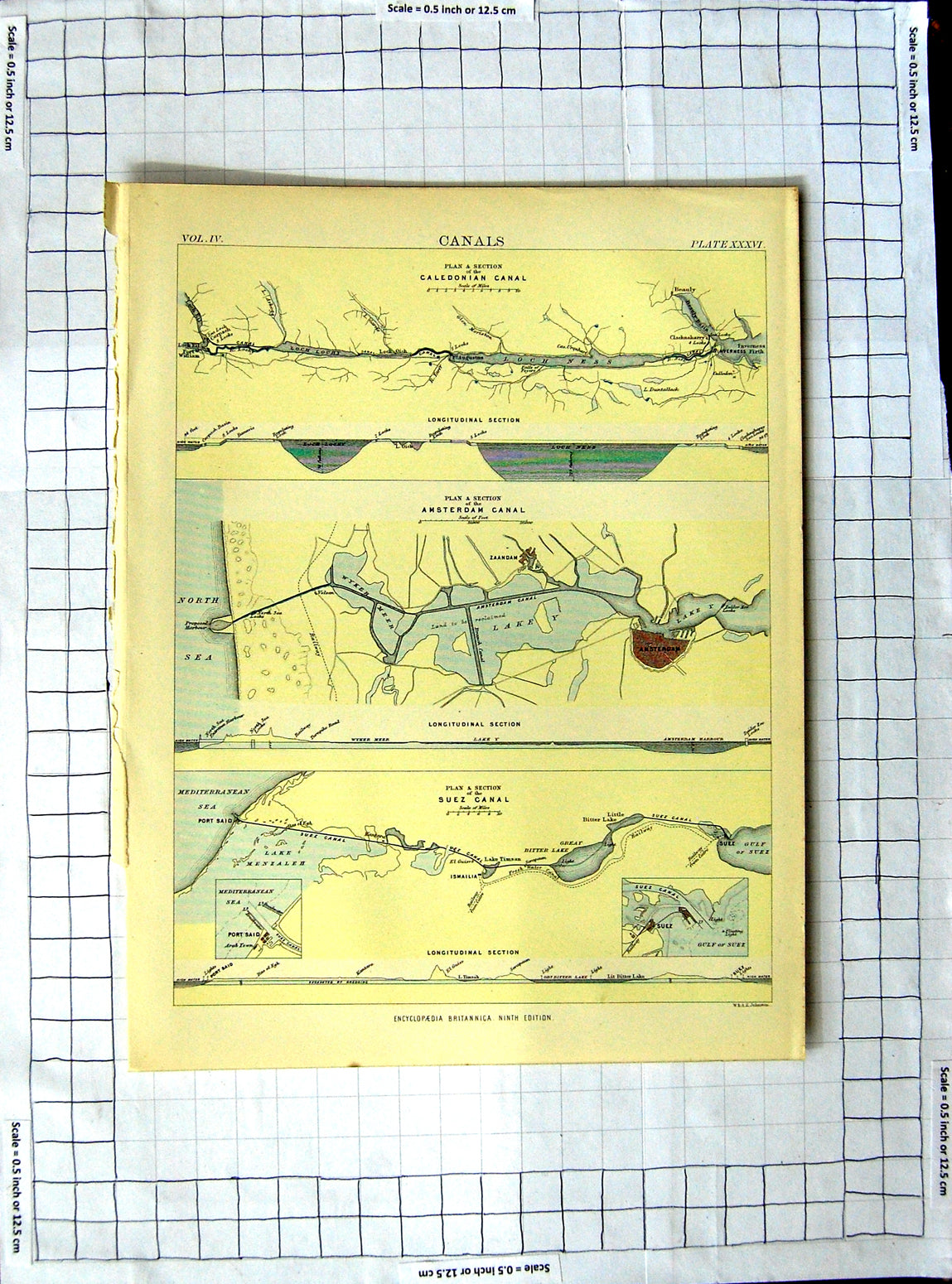 Original Old Antique Print Encyclopaedia Britannica Caledonian Suez Canal Plan