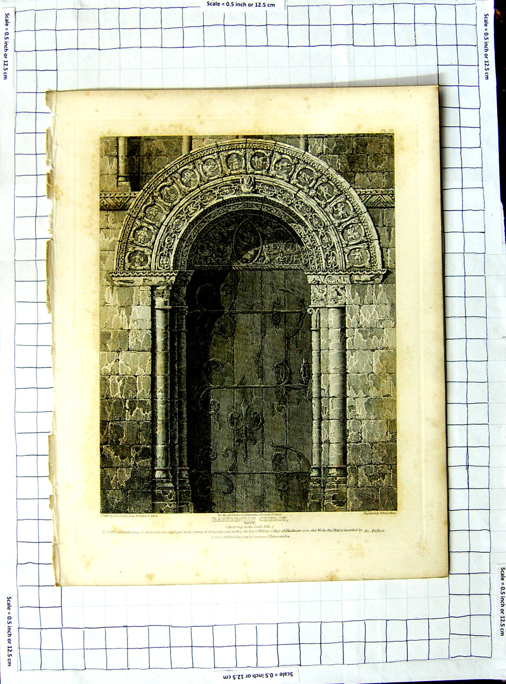 Original Old Antique Print 1812 Door-Way Barfreston Church Kent Gandy Keux 19th