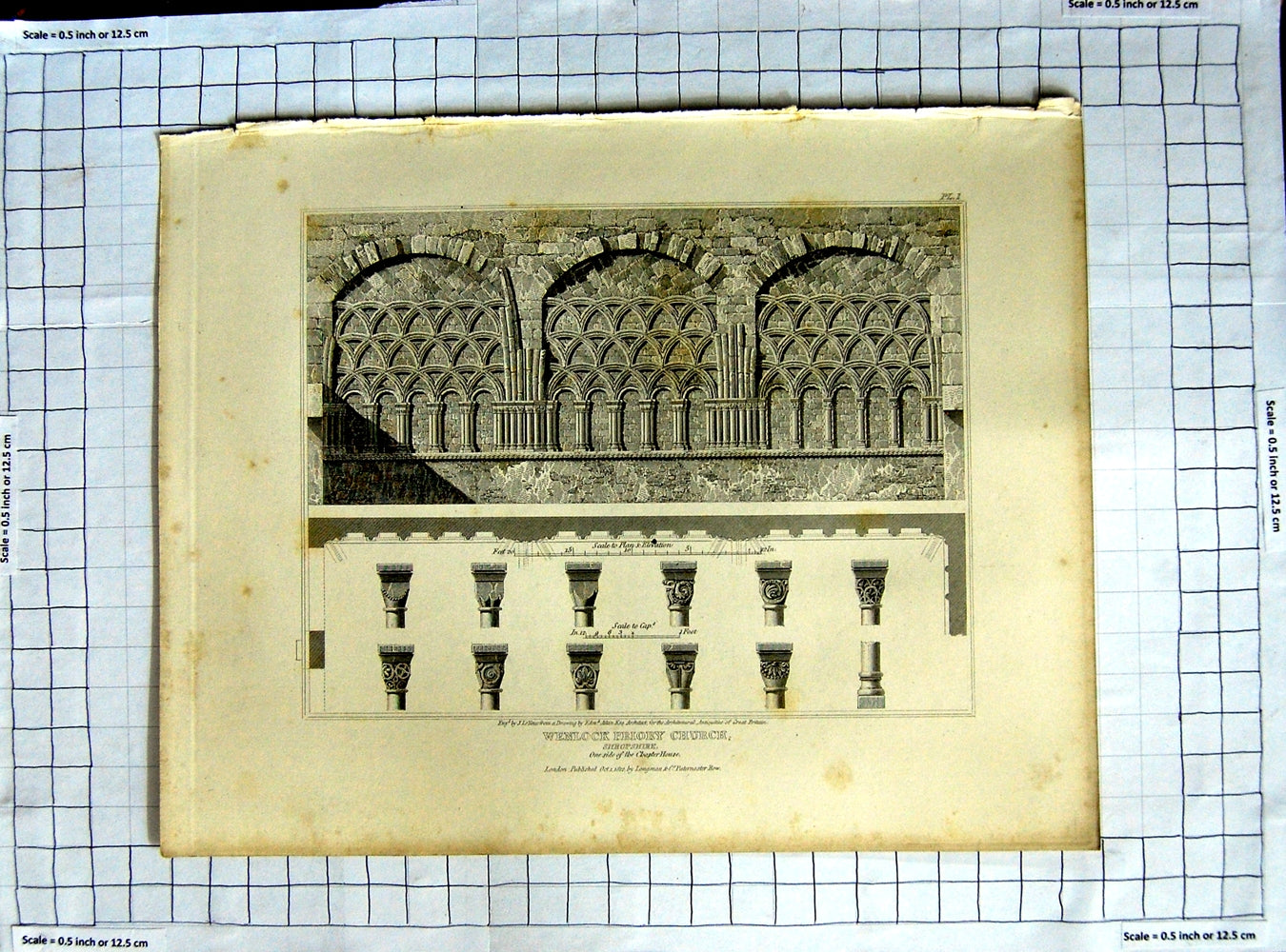 Original Old Antique Print 1812 Wenlock Priory Church Shropshire Keux Aikin