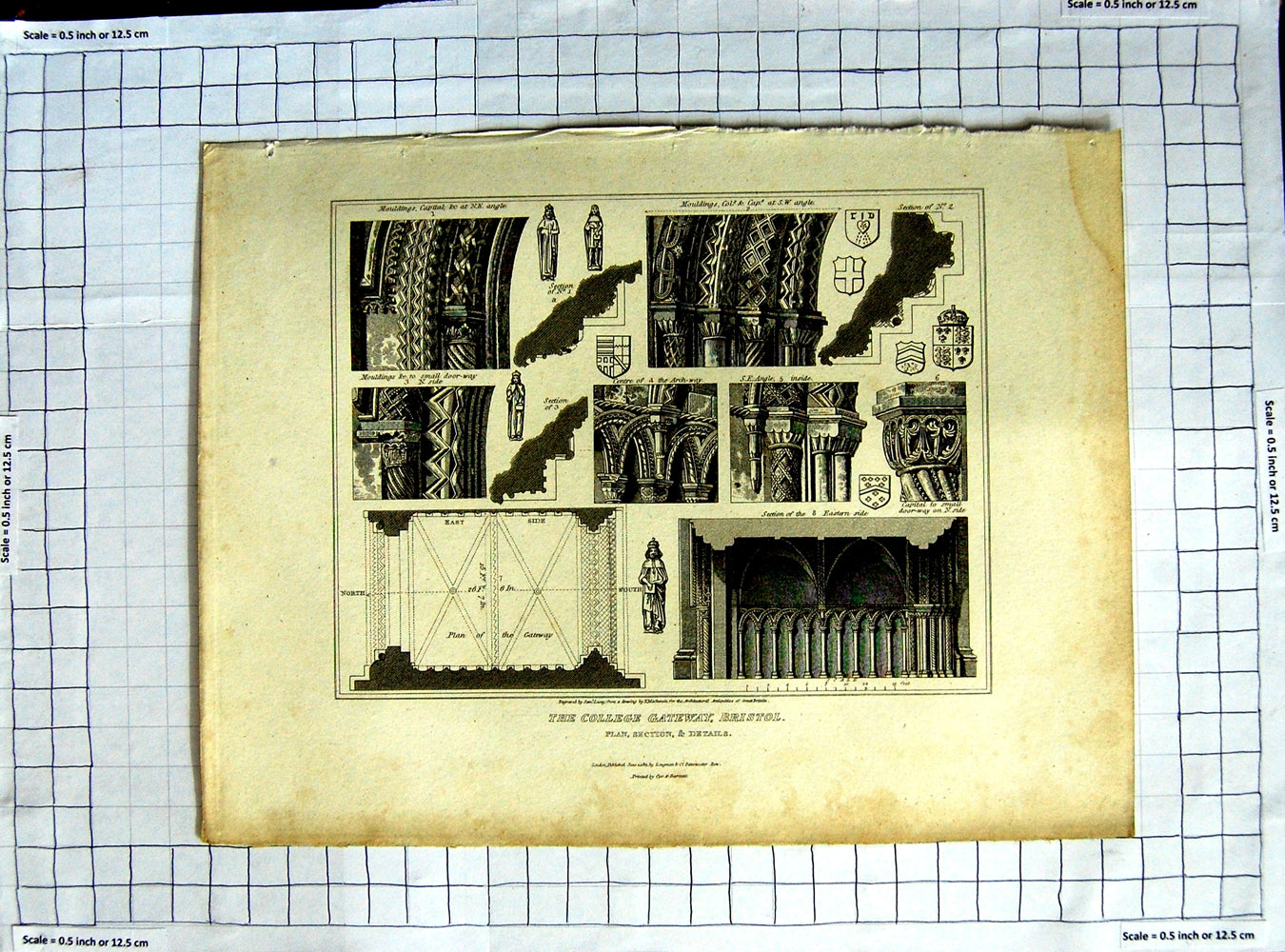 Original Old Antique Print 1811 College Gateway Bristol Engraving Mackenzie