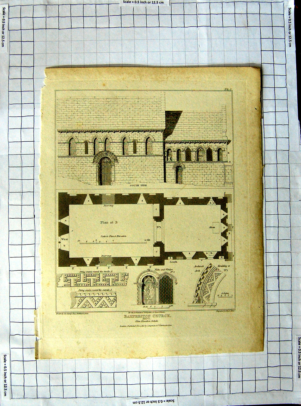 Original Old Antique Print 1812 Brafreston Church Kent Gandy Keux Architecture