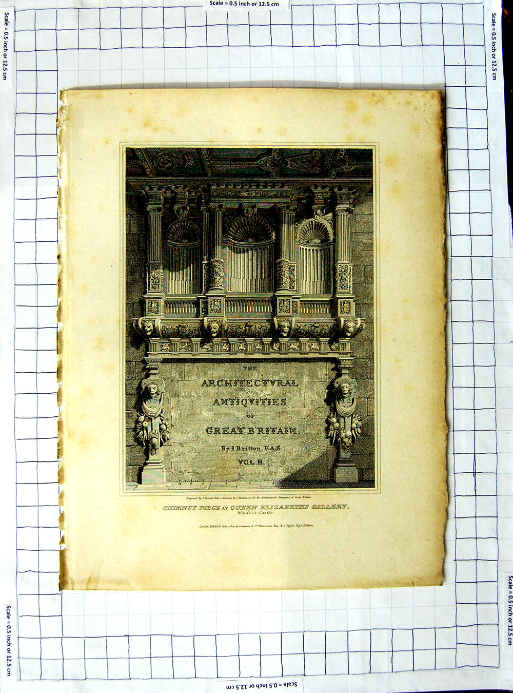 Original Old Antique Print 1809 Chimney Queen Elizabeth Gallery Windsor Castle