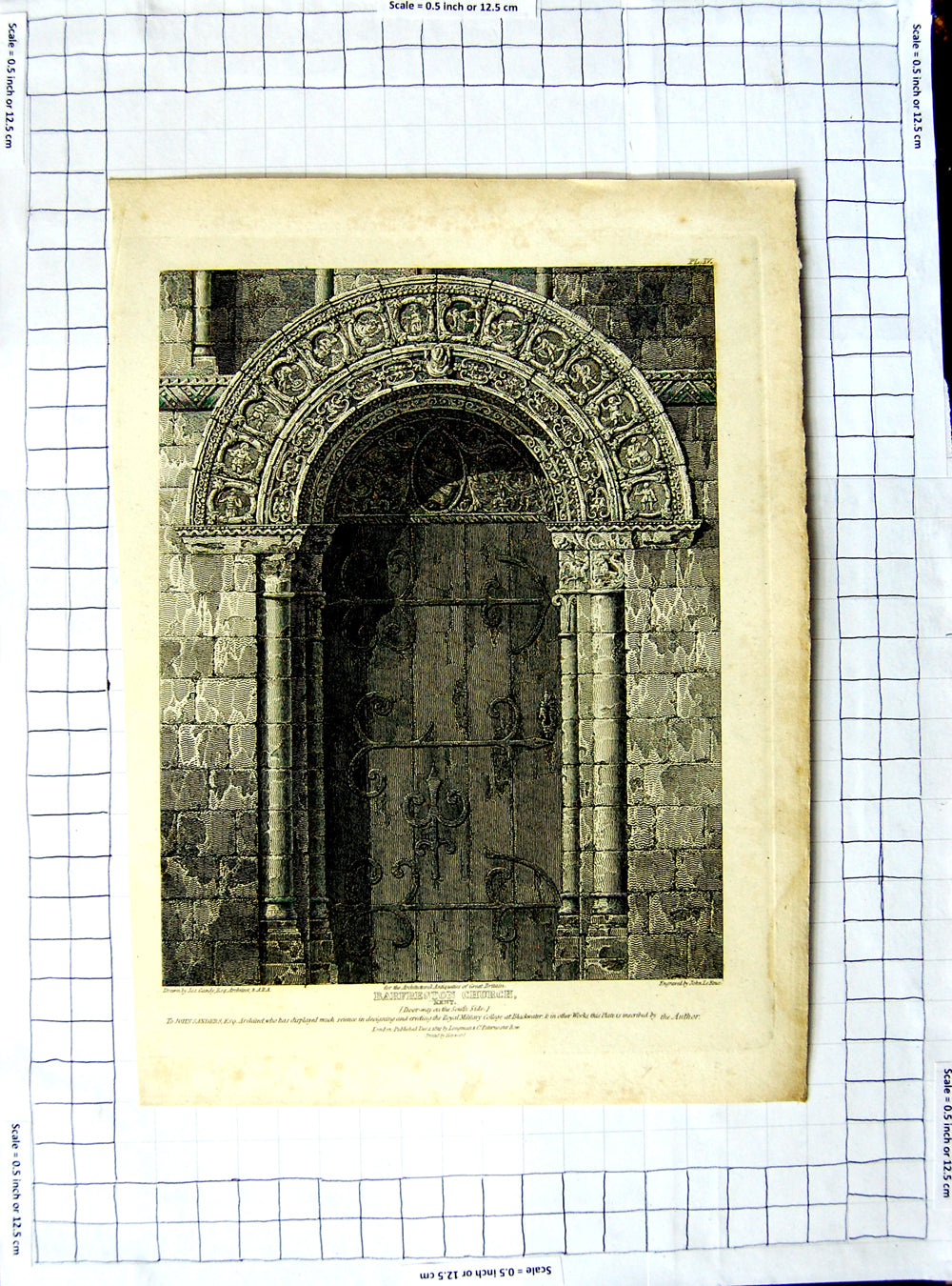 Original Old Antique Print 1812 Barfreston Church Kent Door-Way Gandy Le Keux
