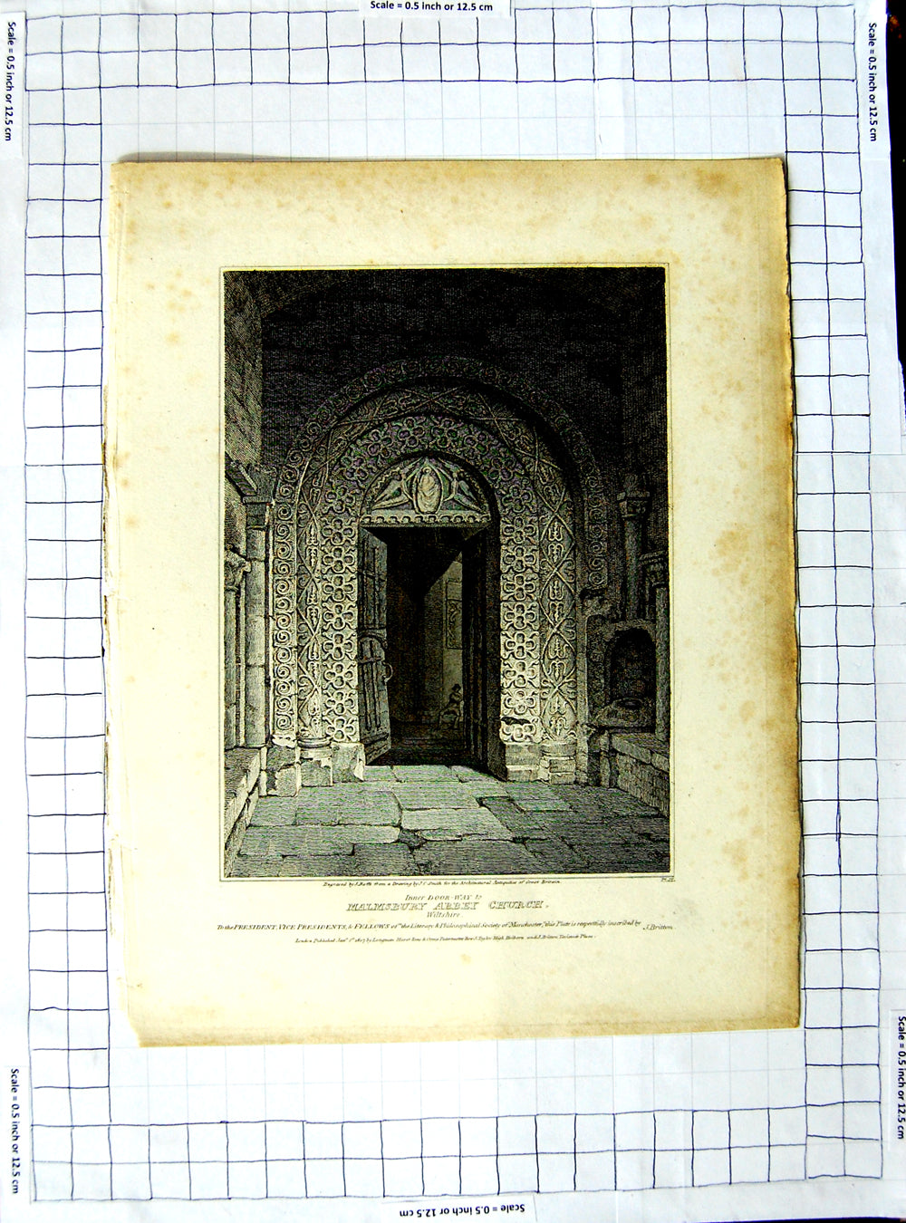 Original Old Antique Print 1807 Door-Way Malmsbury Abbey Church Wiltshire Roffe