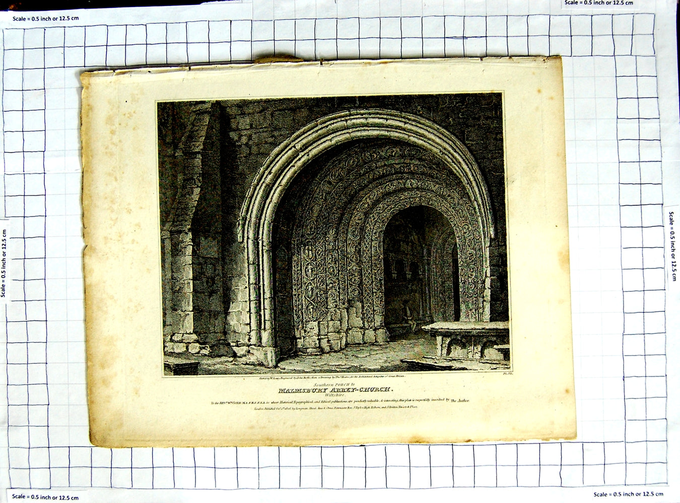 Old Antique Print 1806 Porch Malmsbury Abbey Church Wiltshire Lowry Roffe 19th