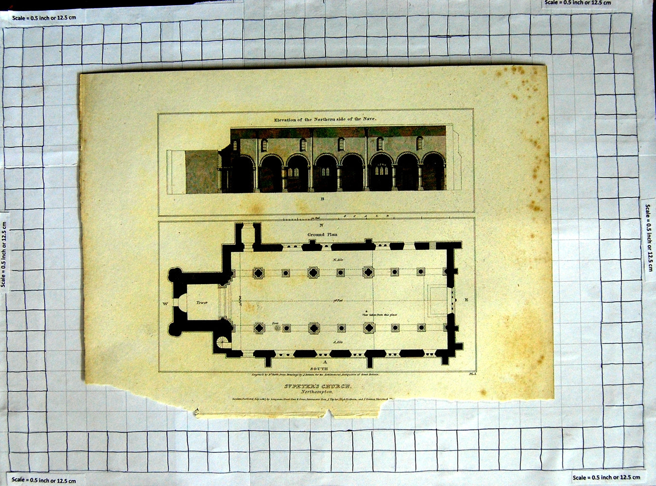 Old Antique Print 1807 Plan St. Peter'S Church Northampton Roffe Britton 19th