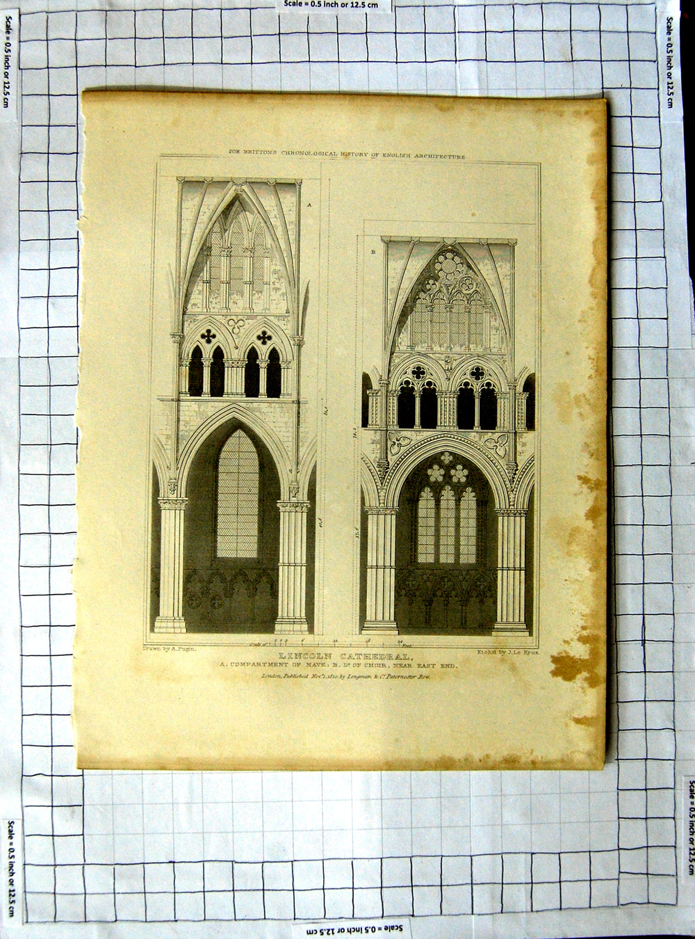 Old Antique Print 1820 Lincoln Cathedral Nave Choir Pugin Le Keux Etching 19th