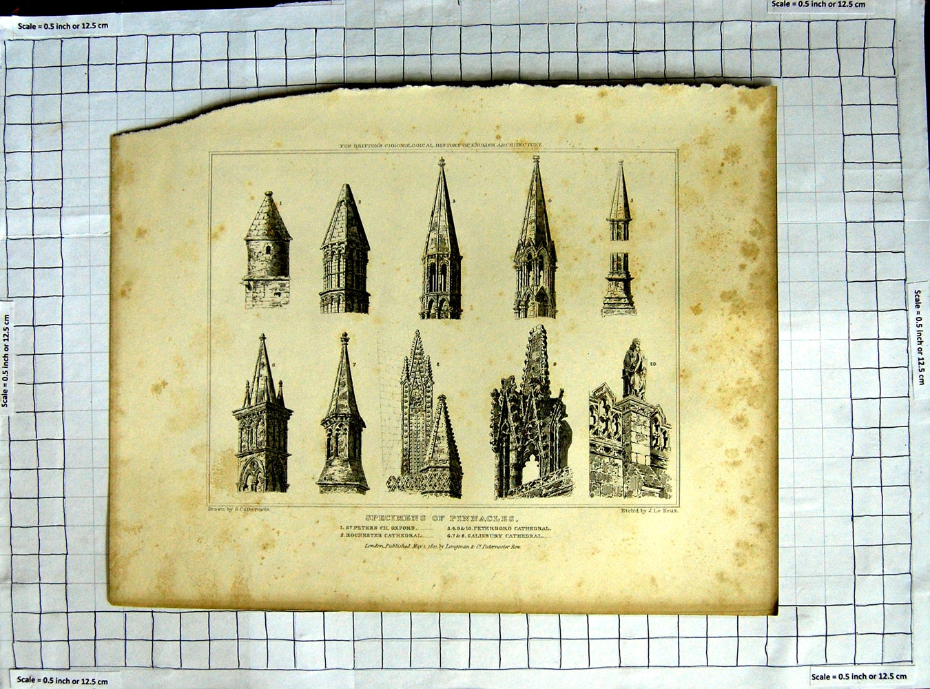 Original Old Antique Print 1821 Pinnacles Cathedral Salisbury Cattermole Keux