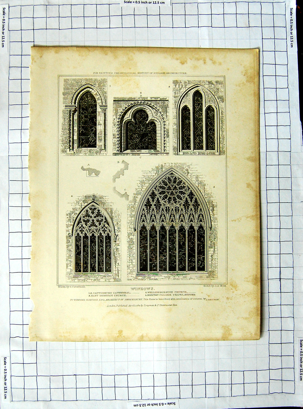 Original Old Antique Print 1821 Windows Canterbury Cathedral Church Cattermole
