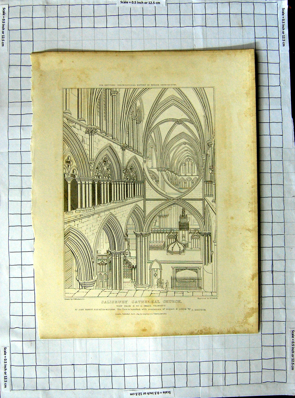 Original Old Antique Print 1819 Salisbury Cathedral Church Transept Mackenzie