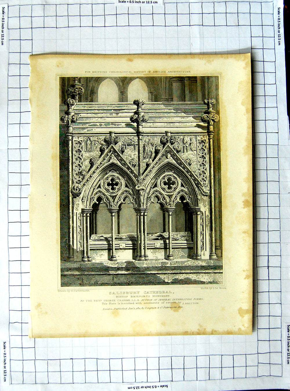 Original Old Antique Print 1827 Salisbury Cathedral Bishop Bridports Cattermole