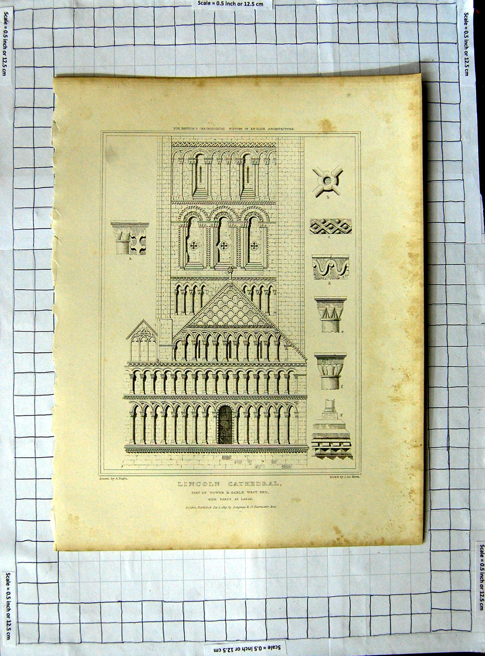 Original Old Antique Print 1819 Lincoln Cathedral Tower Pugin Keux Architecture