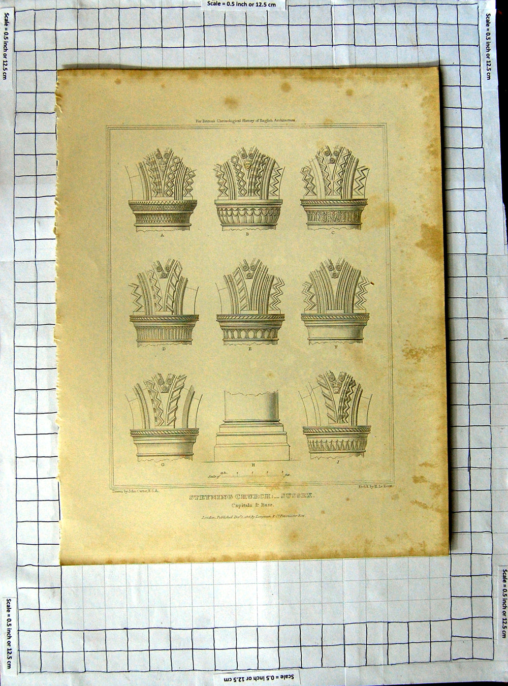 Old Antique Print 1818 Steyning Church Sussex Capitals Bases Carter Keux 19th