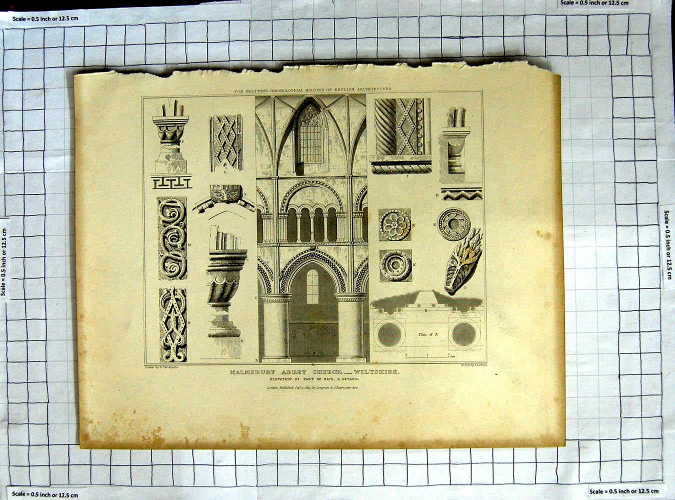 Old Antique Print 1819 Malmsbury Abbey Church Wiltshire Cattermole Keux 19th