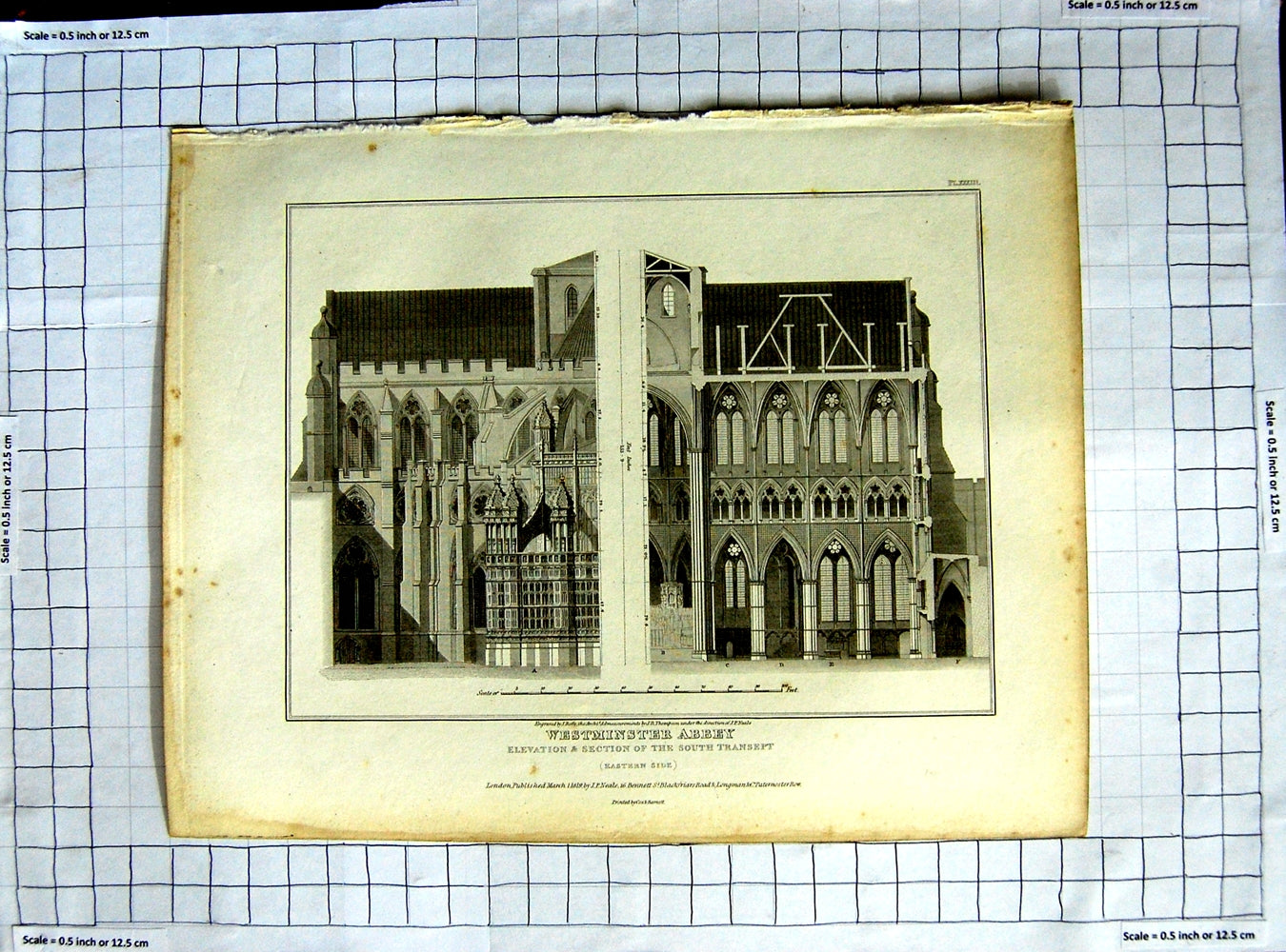 Original Old Antique Print 1819 Westminster Abbey South Transept Roffe Neale