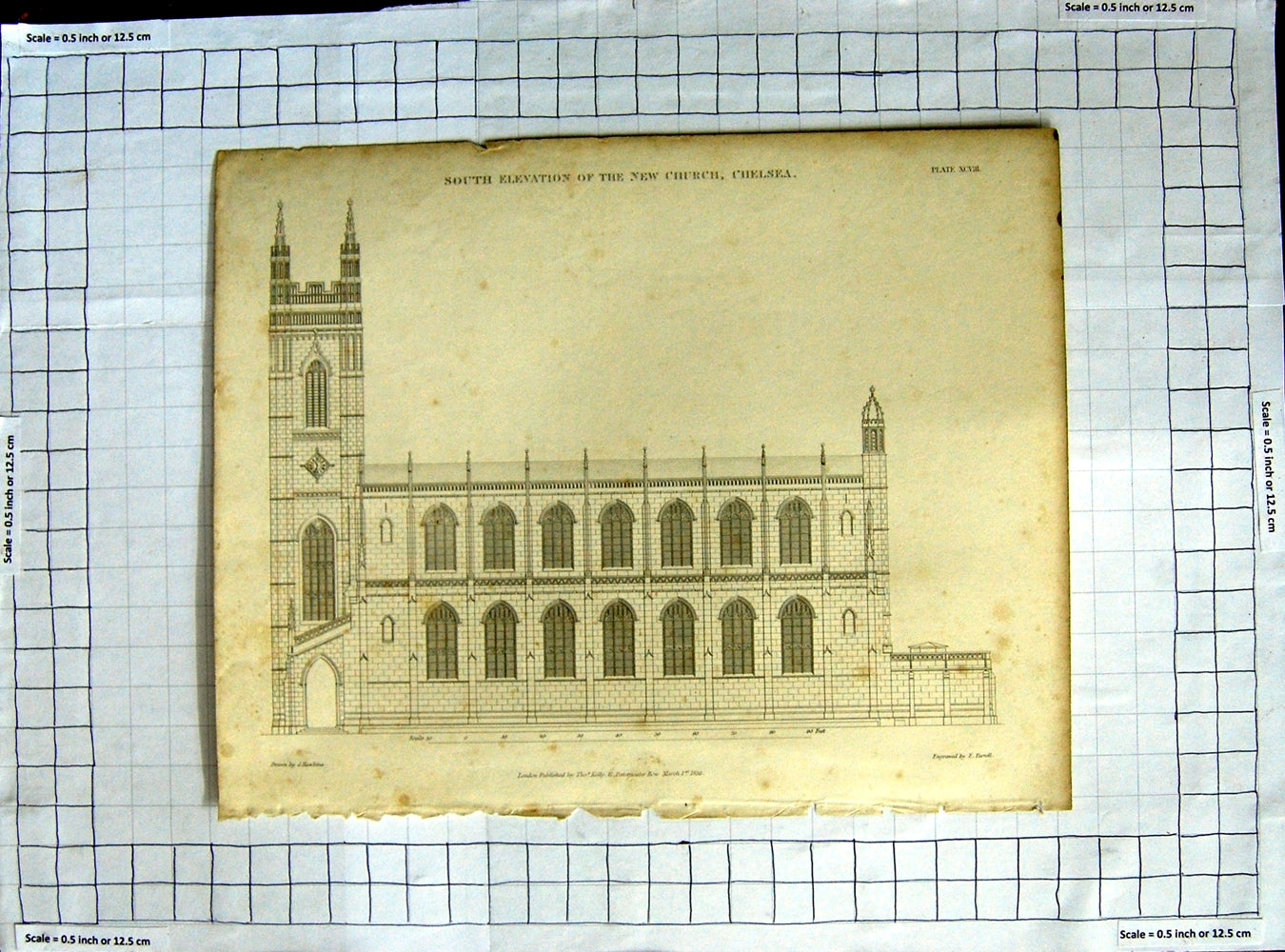 Old Antique Print 1836 South Elevation New Church Chelsea Turrell Hawkins 19th
