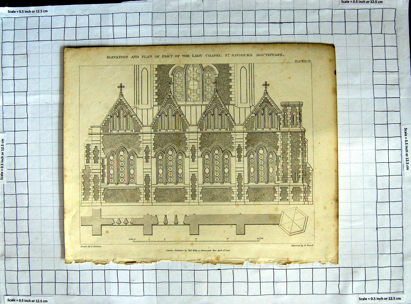 Original Old Antique Print 1836 Plan Lady Chapel St. Saviours Southwark Hawkins