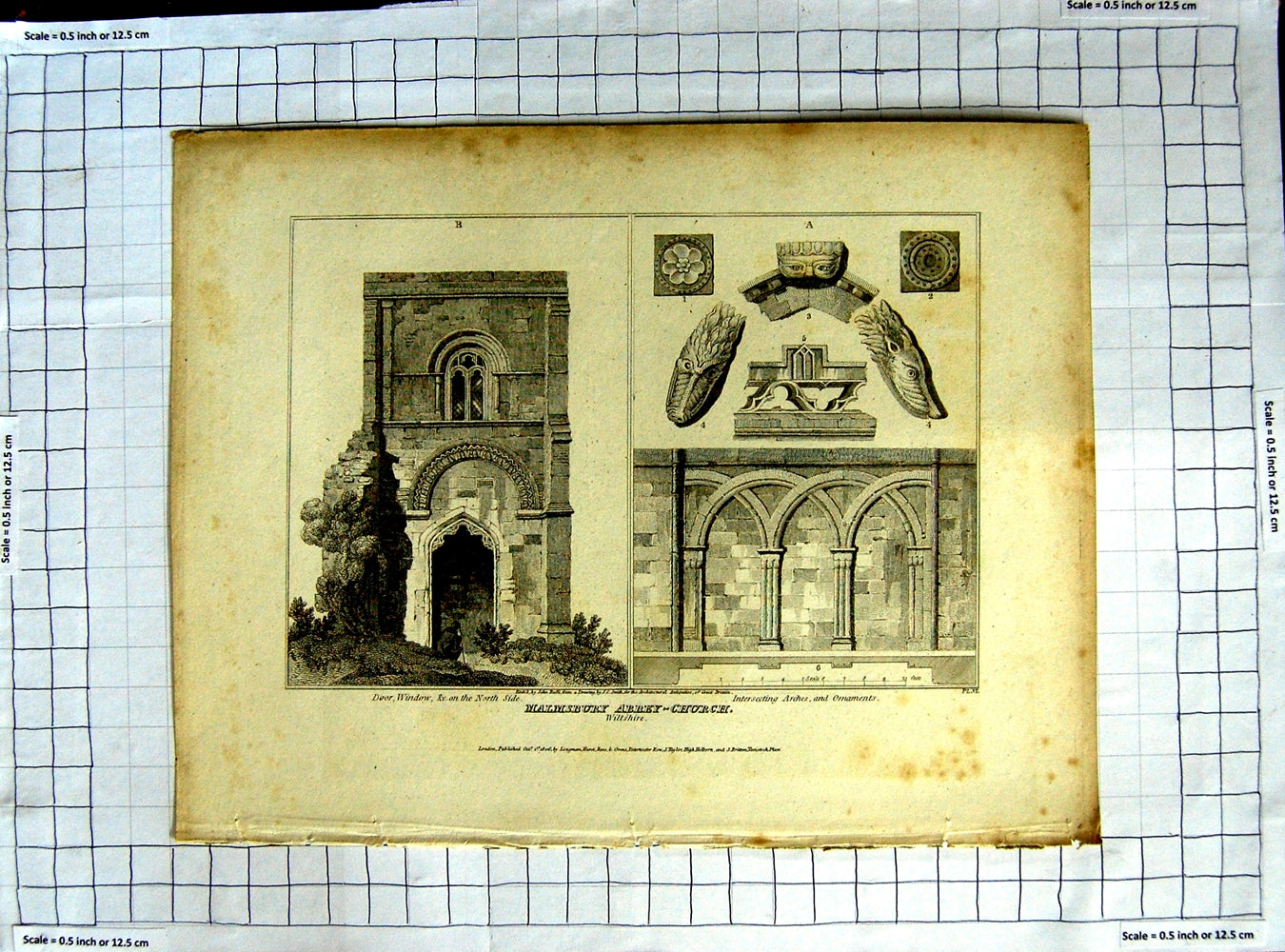 Original Old Antique Print 1806 Malmsbury Abbey Church Wiltshire Roffe Smith
