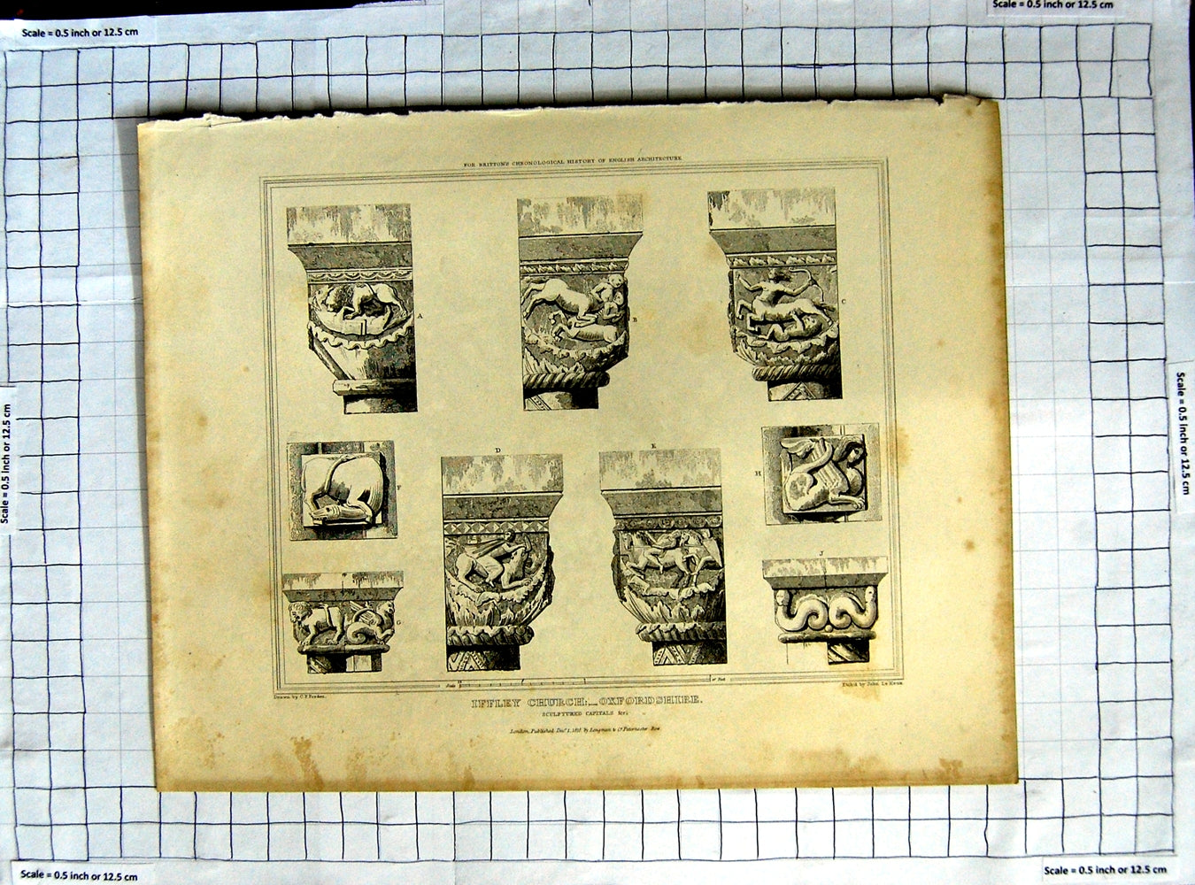 Old Antique Print 1818 Iffley Church Oxfordshire Sculptured Capitals Keux 19th