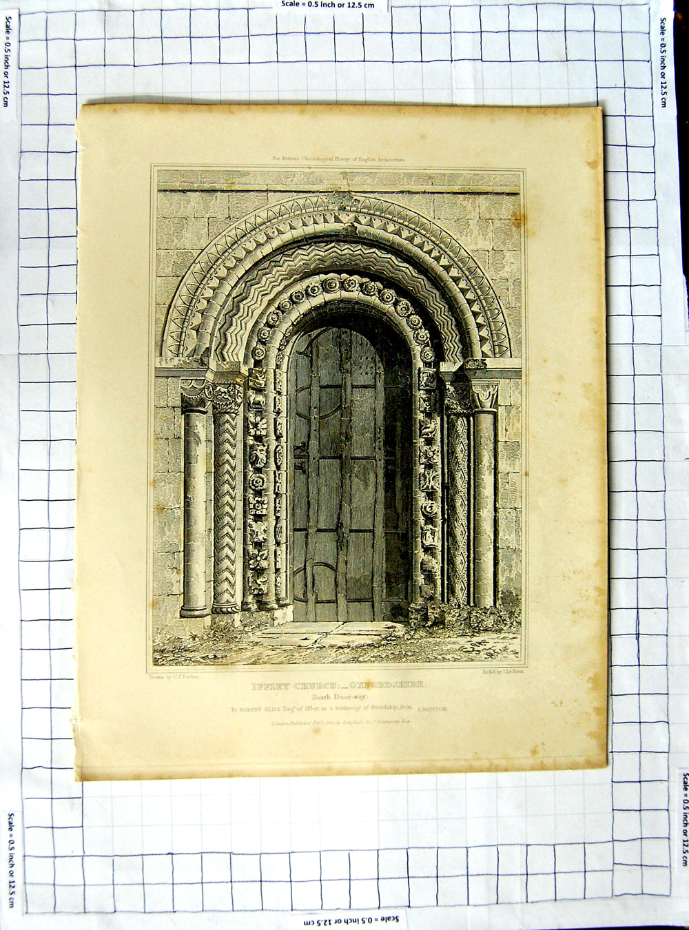 Original Old Antique Print 1819 Doorway Iffley Church Oxfordshire Porden Keux