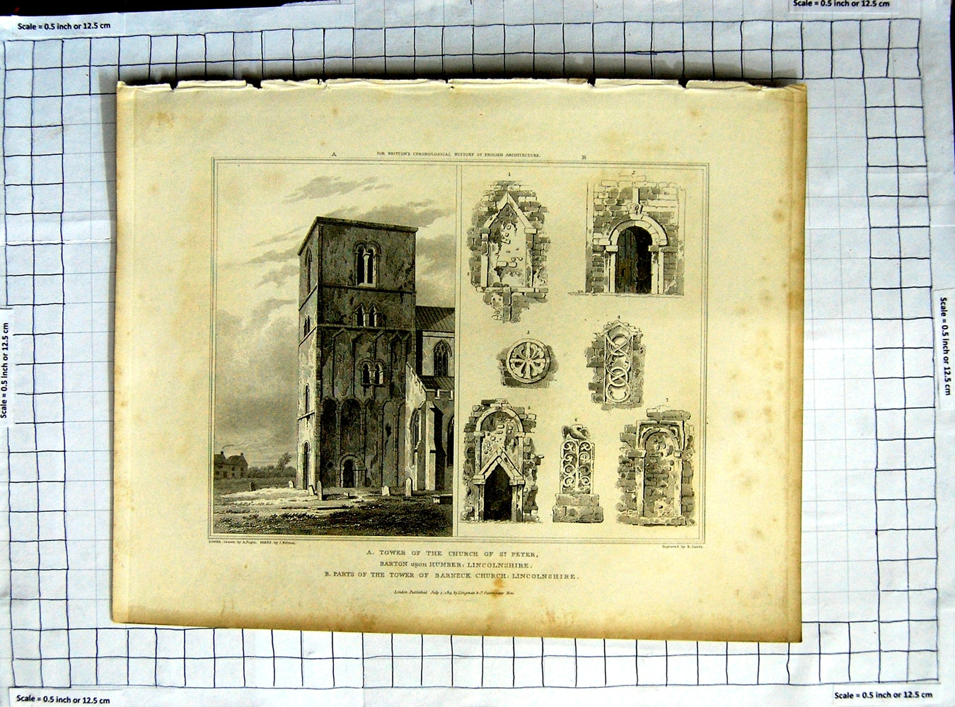 Original Old Antique Print 1819 Tower Church Peter Barneck Pugin Britton Sands