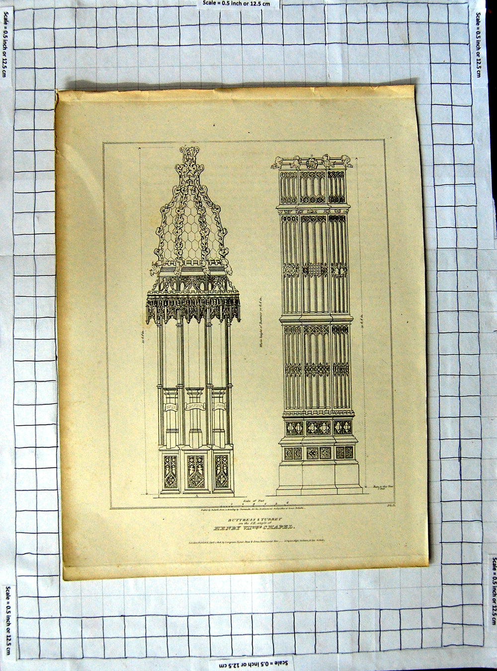 Original Old Antique Print 1808 Buttress Turret Henry Chapel Roffe Architecture