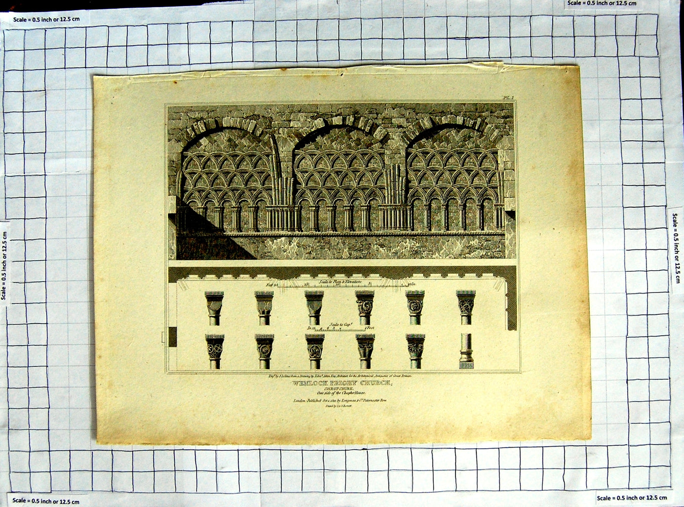 Antique Old Print Ref.369 1812 Wenlock Priory Church Shropshire Keux Aikin