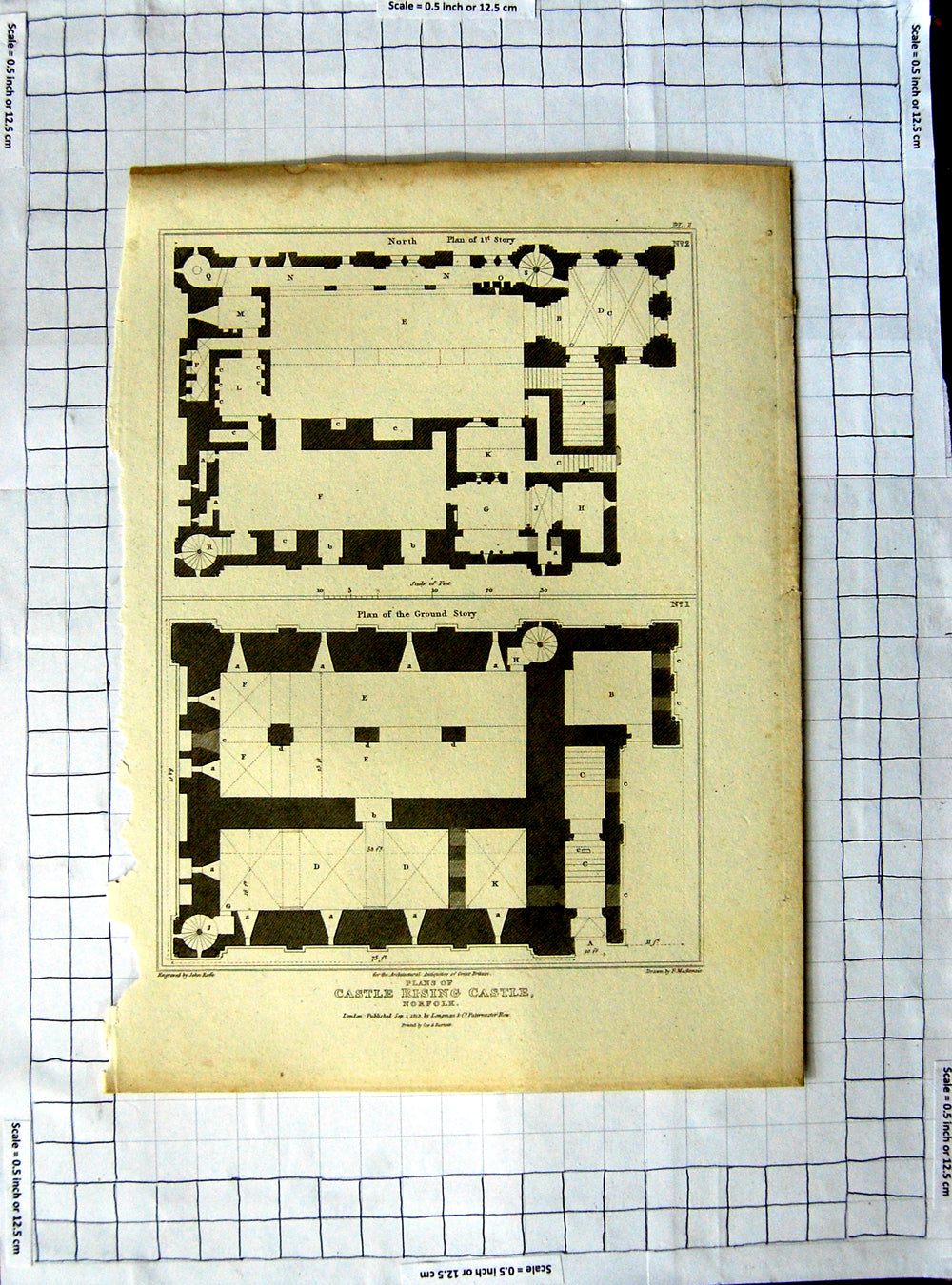 Old Antique Print 1813 Plans Castle Rising Castle Norfolk Roffe Mackenzie 19th